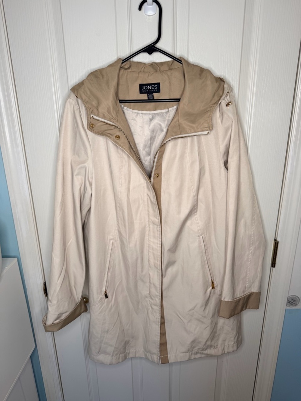 Jones New York Two-Tone Cream and Tan Hooded Waterproof Trench Coat - Picture 2 of 11